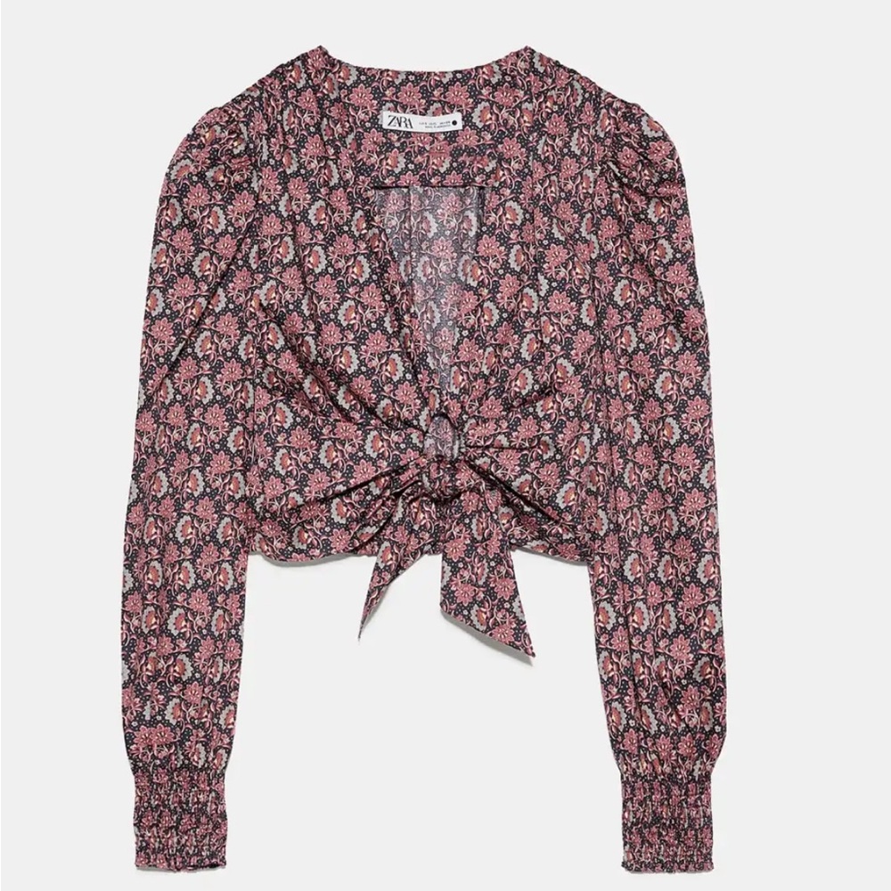 Zara Long Sleeve Floral Boho Crop Top Tie Front